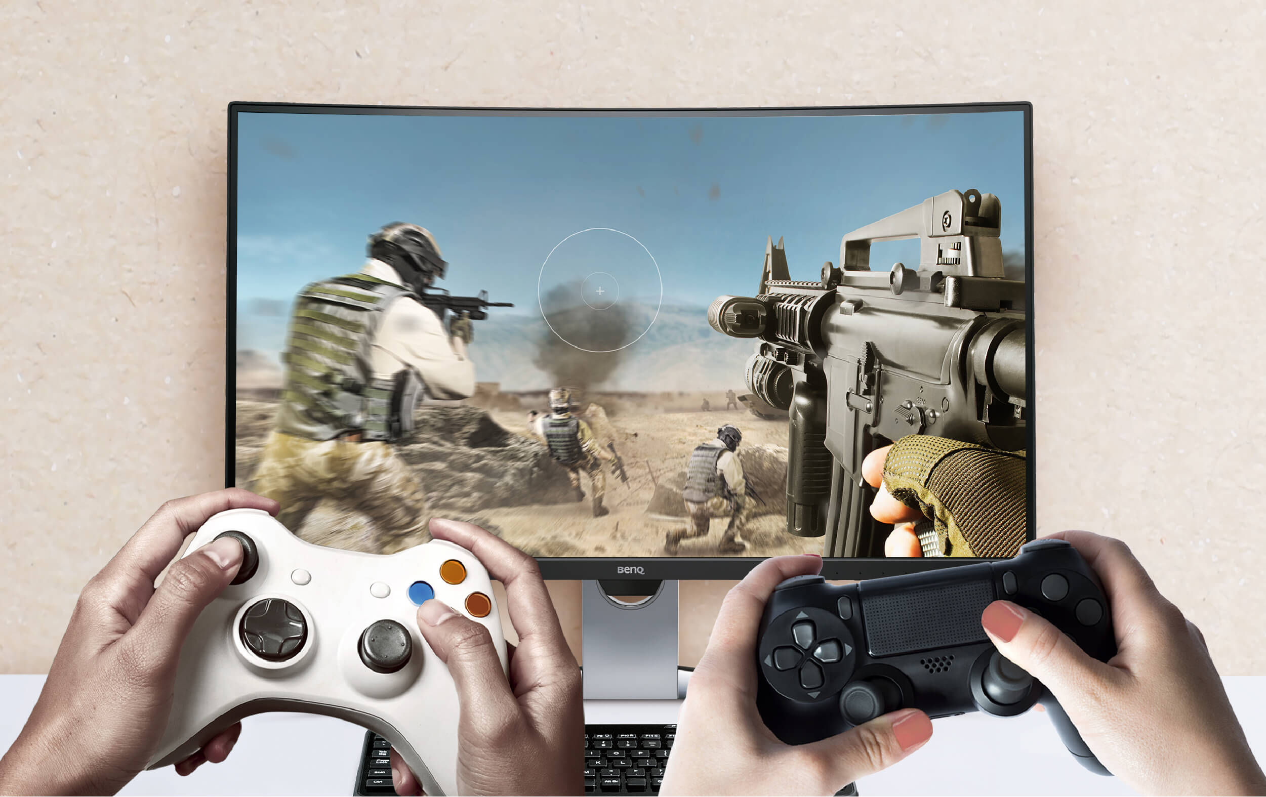 Configuración de videojuegos para consolas (Xbox y PS4) con monitor para videojuegos.